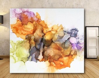 Large Abstract Painting Stretched Canvas Print 48 x 36 Wall Art Modern Colorful Orange Purple White Minimalist Interior Design Sofa Wall Art