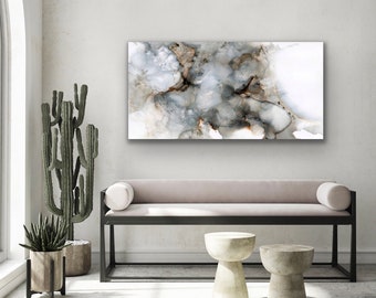 Large White and Grey Gallery Style Abstract Print Stretched Canvas Wall Art Designer Home Staging Decor Minimalist soft palette Alcohol Ink