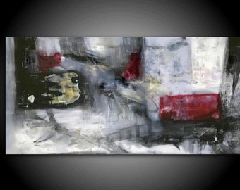 XL Abstract Painting Stretched Canvas Print 30x 60 Wall Art Modern Masculine Blue Red Gray Black Cream Minimalist Interior Design Art Decor