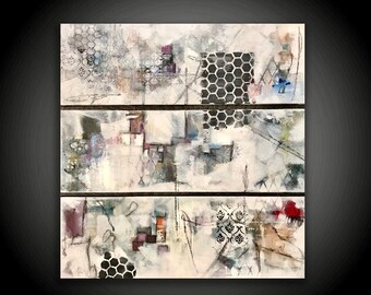 Original Large Abstract Painting 30 x 30 Triptych Canvas Wall Art Home Decor Outsider Art Modern Mixed Media white grey