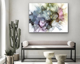 Large Abstract Print Original Painting Stretched Canvas Art 48 x 36 white grey soft colors Calm Wall Art Modern Fine Art Minimalist Giclee