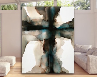 Large Abstract Painting Cross Art Stretched Canvas Print 45 x 36 Wall Art Modern Masculine Blue Black Cream Minimalist Interior Design
