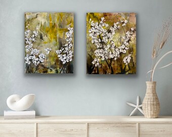 Set of 2 Encaustic Abstract Painting Mixed Media Original Modern Landscape Wall Art 8x10 White Flower Asian Blossoms Wax and oil floral Art