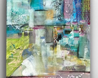 Original Large Abstract Painting 16 x 20 Canvas Wall Art Home Decor Outsider Art Modern Mixed Media Pink blue grey