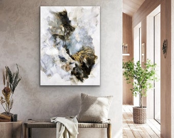 Large Abstract Print of Original Painting Stretched Canvas Art 48 x 36 white blue grey soft colours Calm Wall Art Modern Fine Art Giclee