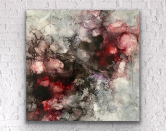 XL Abstract Painting Stretched Canvas Print 36 x 36 Wall Art Square gray Pink Charcoal red Minimalist Interior Design Art Decor Huge Art