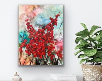 Encaustic Abstract Painting Mixed Media Original Modern Canvas Wall Art 9x12 Red Blossoms Outsider Art