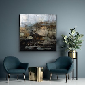 Large Abstract Painting Stretched Canvas Print Wall Art Square  Earthy Landscape Minimalist Interior Design Masculine Art Decor