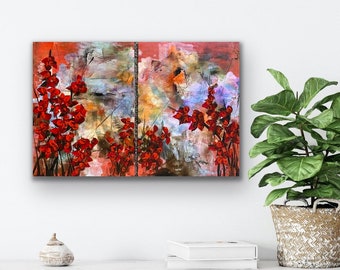 Encaustic Diptych Abstract Painting Mixed Media Original Modern Canvas Wall Art 18x12 Red Blossoms Outsider Art