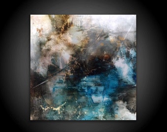 XL Abstract Painting Stretched Canvas Print 36 x 36 Wall Art Square Blue Gold Gray Charcoal Minimalist Interior Design Art Decor Huge Art