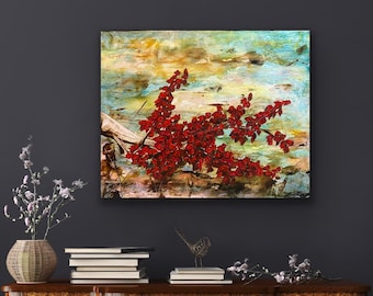 Red tree Art Encaustic Art Abstract Red Tree Painting Mixed Media Original Modern Canvas Wall Art Blossom Painting Raw Earthy Zen Artwork