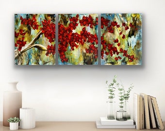 Encaustic Abstract Painting Original Triptych Painting Modern 3 piece Wall Art Red Blossoms Tree Painting Earthy Minimalist Artwork Raw