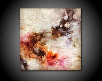 XL Abstract Painting Stretched Canvas Print 36 x 36 Wall Art Square Blue gray Cream Orange Minimalist Interior Design Art Decor Huge Art