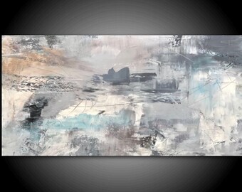 XL Abstract Painting Stretched Canvas Print 30x 60 Wall Art Modern Blue Mauve Cream Minimalist Interior Design Art Decor Huge Art