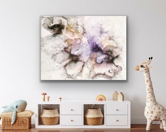 Baby room wall art Abstract Print Stretched Canvas Art 48 x 36 white pink purple grey soft Palette Calm Soothing Nursery decor Art Giclee