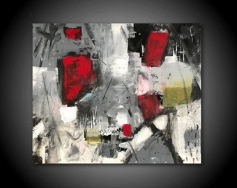 Original Large Abstract Painting 30 x 36 Canvas Wall Art Home Decor Outsider Art Modern Mixed Media Gray Red Masculine Contemporary