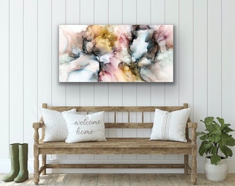 Large Colorful Abstract Print Stretched Canvas Wall Art Designer Home Staging Decor Minimalist art soft palette pink white blue Alcohol Ink