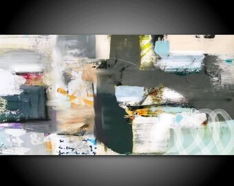 XL Abstract Painting Stretched Canvas Print 30x 60 Wall Art Modern Masculine Blue Black Cream Minimalist Interior Design Art Decor Huge Art