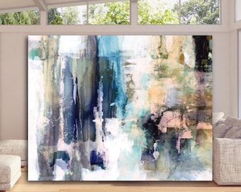 Large Abstract Painting Stretched Canvas Print 45 x 36 Wall Art Modern Masculine Blue Black Cream Minimalist Interior Design Faith Art Decor