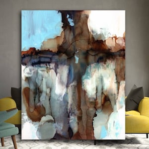 Large Abstract Cross Wall Art Print Big Stretched Canvas Modern Religious Symbol Blue Cream Masculine Painting Minimalist Home Decor Church