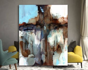 Large Abstract Cross Wall Art Print Big Stretched Canvas Modern Religious Symbol Blue Cream Masculine Painting Minimalist Home Decor Church