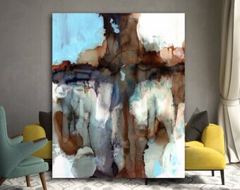 Large Abstract Painting Stretched Canvas Print 45 x 60 Wall Art Modern Masculine Blue Black Cream Minimalist Interior Design Faith Art Decor
