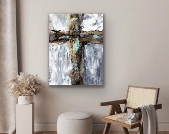 Large Abstract Cross Wall Art Print Big Stretched Canvas Modern Religious Symbol Grey Cream Spiritual Painting Minimalist Home Decor Church