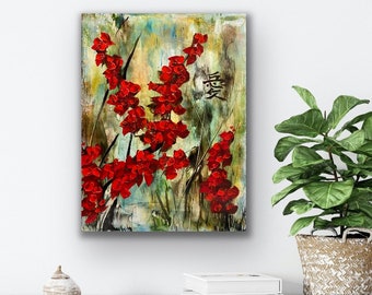 Encaustic Abstract Painting Mixed Media Original Modern Canvas Wall Art 9x12 Red Blossoms Floral Painting Outsider Art Love Asian symbol