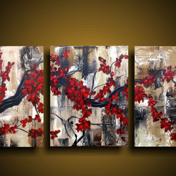 Original Red Vines Flowers Abstract Painting Large Art FOUR FEET The Raw Canvas Taupe Brown