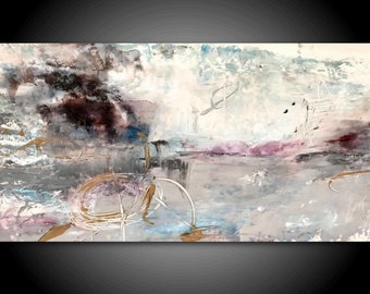 XL Abstract Painting Stretched Canvas Print 30x 60 Wall Art Modern mauve Blue gray Cream Minimalist Interior Design Art Decor Huge Art