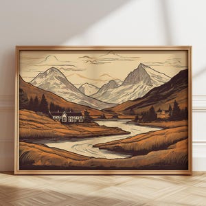 Scottish Highlands Retro Style Print | Minimalism Line Art | Simplistic Linocut Landscape Aesthetic Digital Download