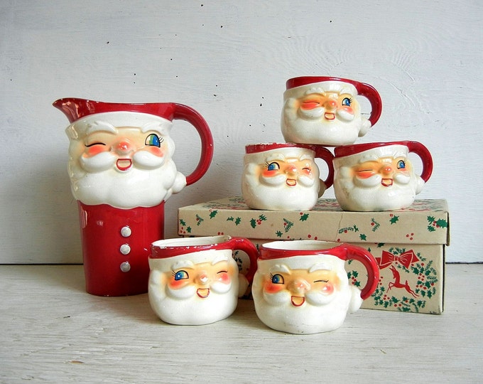 Holt Howard Christmas Santa Pitcher Mugs Set 1961 Winking Etsy