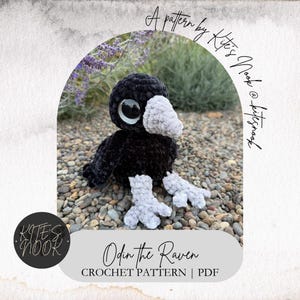 May include: A black and light gray crochet raven toy with large black eyes. The text reads A pattern by Kite's Nook @ kitesnook, Odin the Raven, CROCHET PATTERN | PDF. The raven has a soft, plush texture and is positioned on a bed of small gray stones.