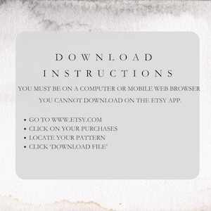 Puede incluir: Una tarjeta blanca con instrucciones de descarga para una compra en Etsy. El texto dice "INSTRUCCIONES DE DESCARGA" e incluye los pasos: ir a Etsy.com, hacer clic en compras, localizar el patr&oacute;n y hacer clic en 'descargar archivo'.