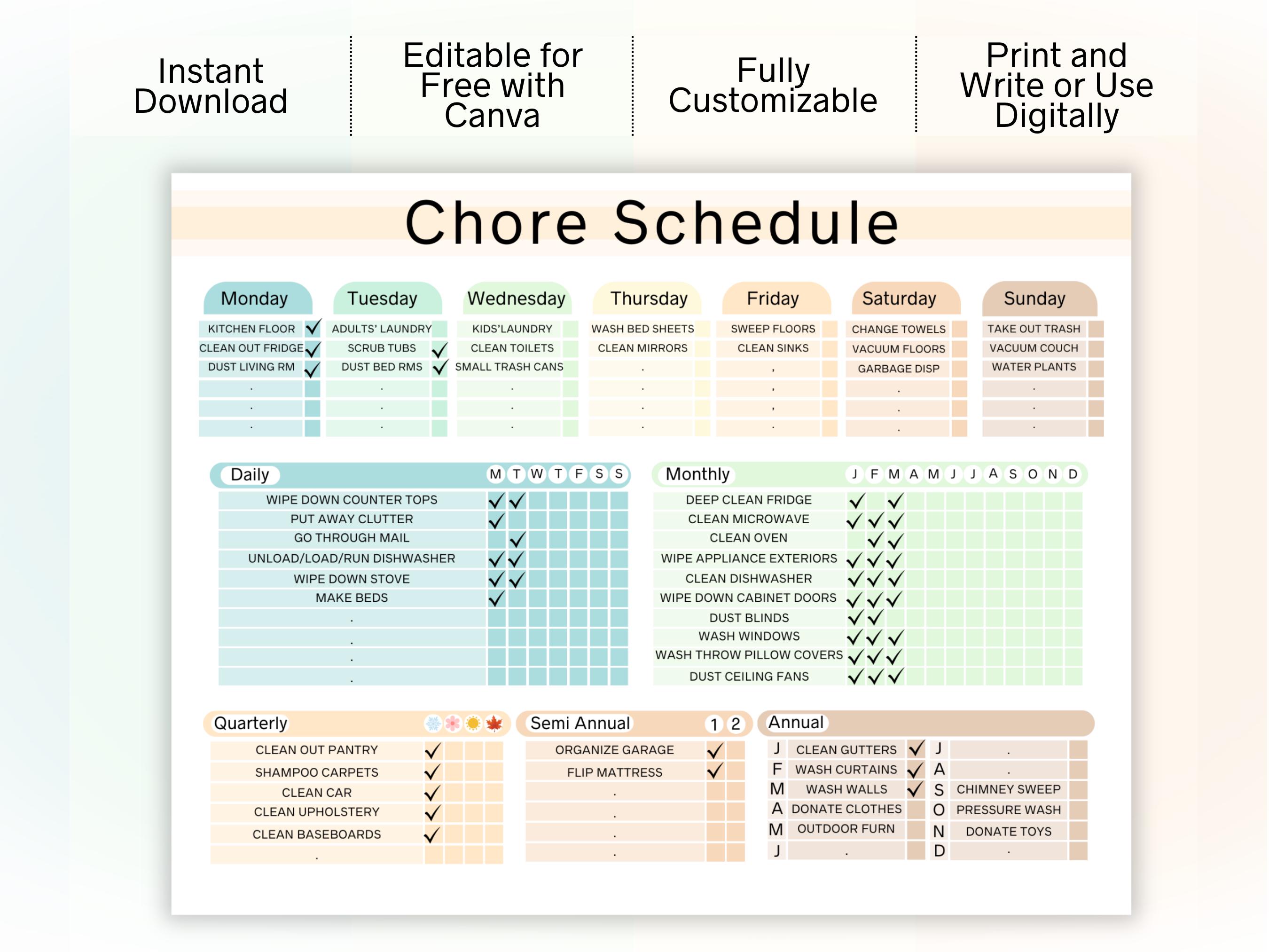 Fully Editable Cleaning Schedule, Chore Chart, Canva Template, Digital ...