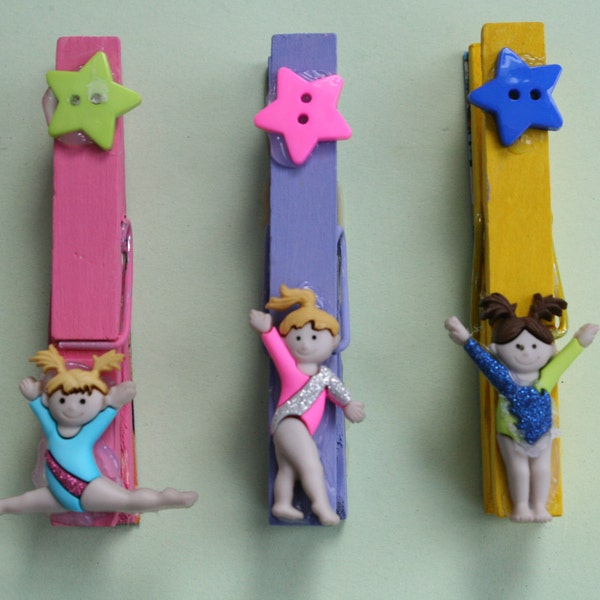 Girl Gymnastic Tumblers Clothespin Magnets, Gift Tag, Place Card Holder, Birthday Gift