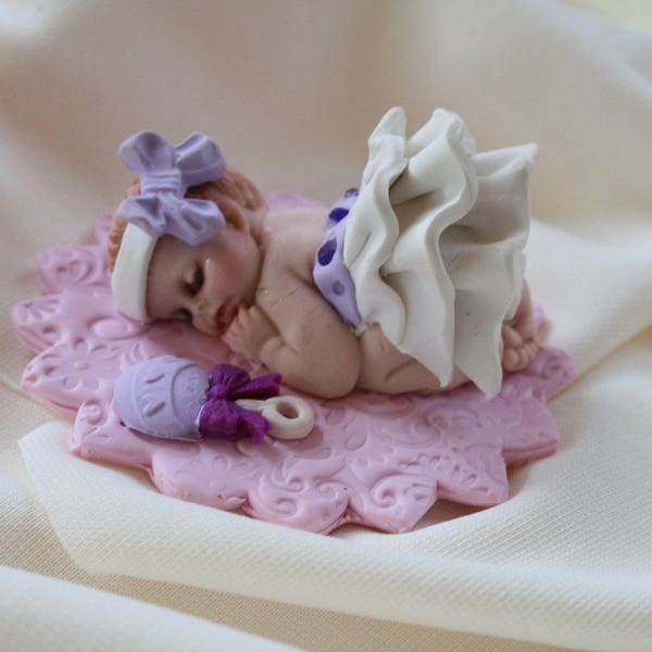 Clay Baby Girl Cake Topper Lavender and White, Baby shower Gift, Polymer Clay Baby Ornament, Baby Shower Centerpiece Gift