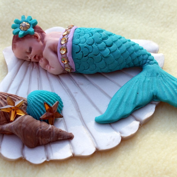 Mermaid Cake Topper, Baby Shower Mermaid Cake Topper, Mermaid Birthday Cake Topper, Little Mermaid Figurine, Sealife Coral Seahorses, Shells