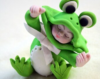 Baby Girl Boy Cake Topper Dressed Like Frog Gift, Baby Shower Gift, Collectible