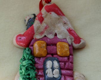 Salt Dough Ornament Winter House, Christmas Tree Ornament, House Gift Tag