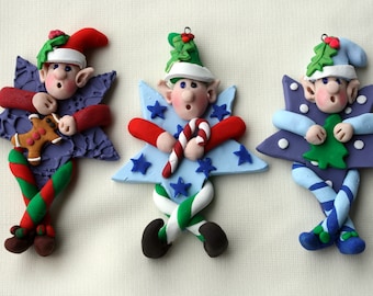 Elf Christmas Ornaments, Elf on a Star Ornament, Elf Gift Tag, Christmas Party Favor, Polymer Clay Elves
