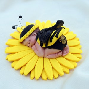 May include: A sleeping baby dressed as a bumblebee, lying on a yellow daisy.