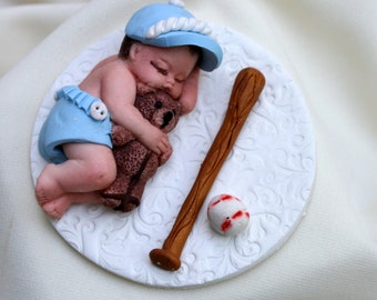 Baby Boy Cake Topper With Bear and Ball and Baseball bat, Train, Baby Shower Centerpiece, Baby Shower Gift, Baby Ornament