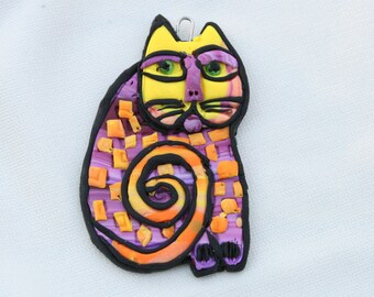 Polymer Clay Cat, Whimsical Cat ornament, Handmade Kitty Cat Ornament, Cat Gift tag