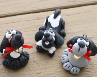 Beagle preto, branco, cinza ornamentos de argila de polímero ornamentos de cães, beagles, cães preto e branco, cão cinza e preto, cão com presente de osso