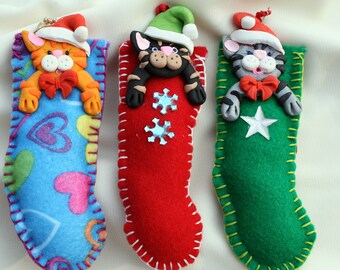 Cat Ornament Christmas Stocking Cat Ornament, Cat Stocking Personalized, Felt Stocking Cat Ornament, Polymer Clay Cat in Christmas Stocking