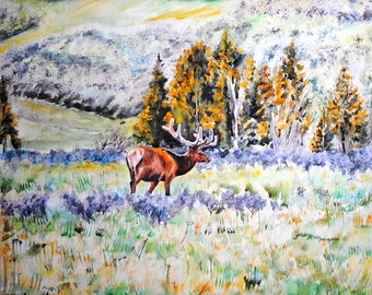 Elk watercolor, original watercolor painting, elk wall art, elk painting, wildlife watercolor, wildlife art ,wildlife painting, elk