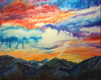 Mountain Sunset Painting, mountain sunset, sunset painting, mountain watercolor painting, watercolor canvas, landscape watercolor, original