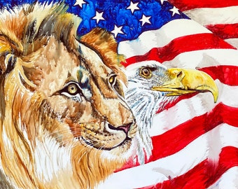 Patriotic painting, Patriotic Watercolor, Eagle and Flag, Lion painting canvas, Original Watercolor painting, Eagle watercolor, Lion art