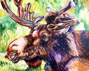 Moose Painting, moose watercolor, Wildlife painting original, wildlife art, moose art, watercolor on canvas, canvas painting, original art